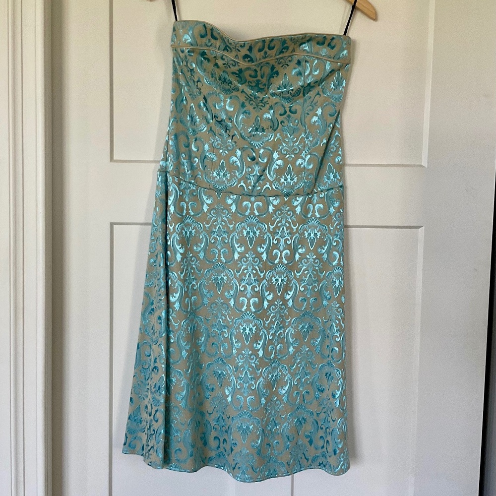 Retro Teeze Me Princess Strapless Floral Formal Dress Metallic Teal Tan Juniors